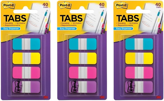 Post-it Tabs, .625 in Solid, Aqua, Yellow, Pink, Violet, 10/Color, 40/Dispenser (676-AYPV) (3 Pack)