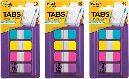 Post-it Tabs, .625 in Solid, Aqua, Yellow, Pink, Violet, 10/Color, 40/Dispenser (676-AYPV) (3 Pack)
