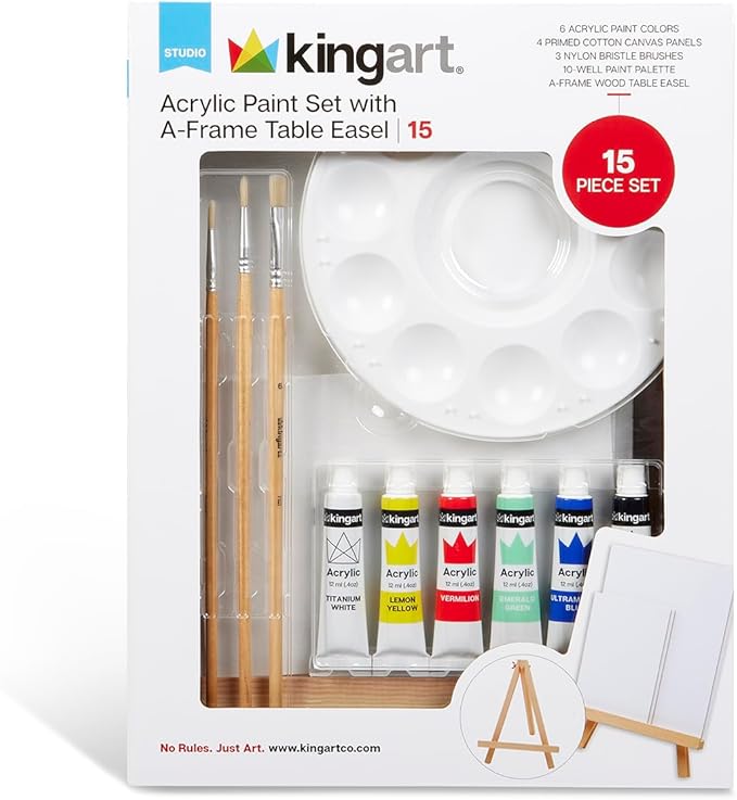 KINGART 15-Piece Artist Painting Set with 6 Vivid Acrylic Paint Colors, 12" Easel, 4 Canvas Panels, 3 Brushes, Painting Palette - School, Students, Adults, Gift Giving