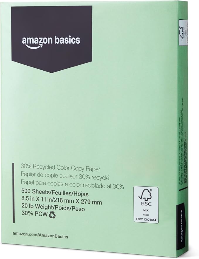 Amazon Basics 30% Recycled Color Copy Paper, 8.5" x 11", 20lb, 500 Sheets, Pastel Green