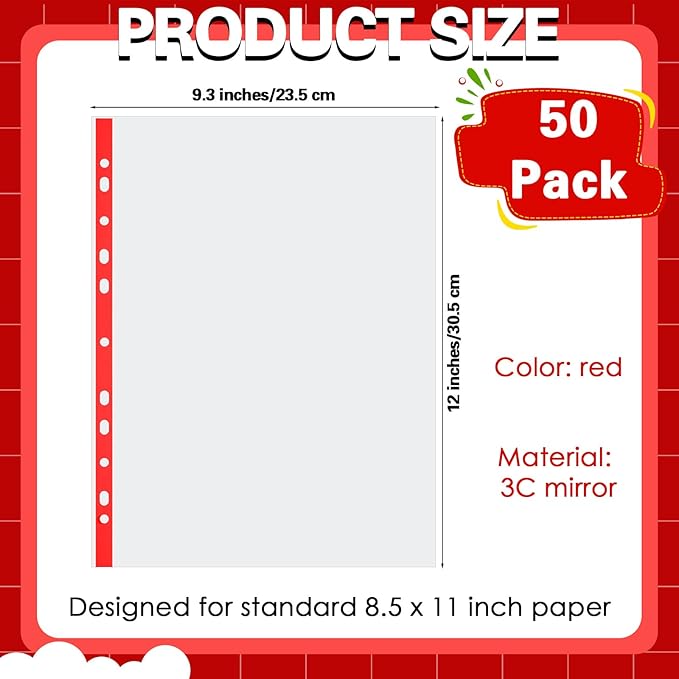 50 Pack Sheet Protectors, Red Edge Heavy Duty Standard 8.5 x 11 Inch Paper Page Protectors for 3 Ring Binder Clear Binder Sleeves Document Protector for Office Stationery Supplies