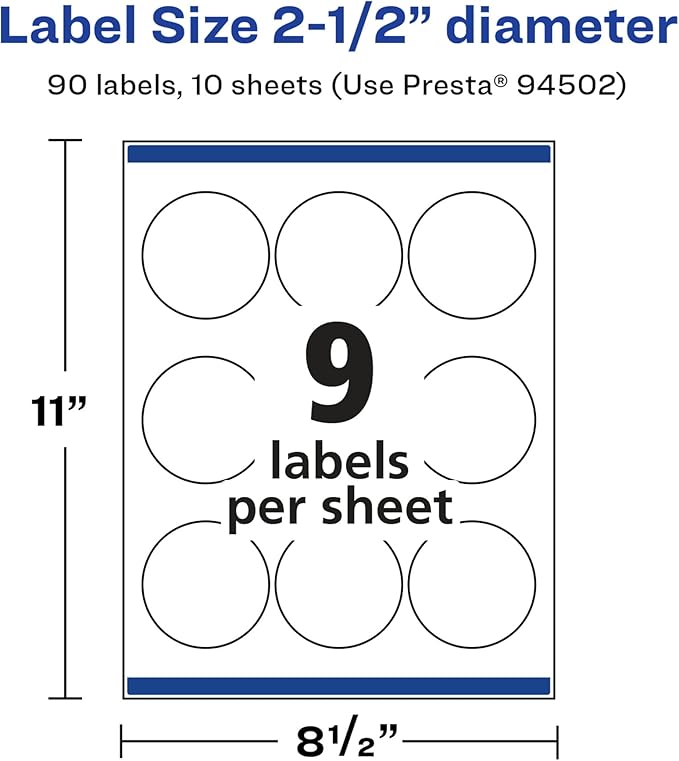 Avery Glossy White Round Labels, Sure Feed Technology, 2.5" Diameter, 90 Glossy White Labels, Print-to-The-Edge, Permanent Adhesive, Laser/Inkjet Printable
