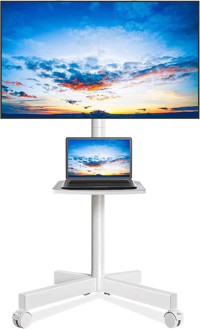 Rfiver Mobile TV Stand for 23-60 Inch LCD LED Flat/Curved Panel Screen TVs up to 88 lbs, Rolling TV Stand with Adjustable Shelf & Tilt, Portable Floor Stand on Wheels for Bedroom, Living Room, White