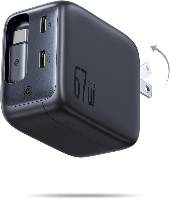 Baseus Retractable USB C Charger, 67W 3 in 1 Fast Charging Block with Foldable Plug, Enercore CJ11 PD/PPS for Galaxy S25/iPhone 17/16/15 Series/MacBook Air/Airpods 4