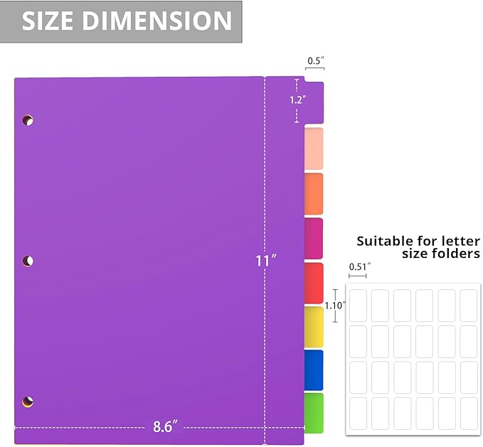 Binder Dividers with Tabs, 8 Tab Sturdy Plastic Dividers for 3 Ring Binder, Colorful Dividers for 3 Ring Binder Page Protectors, 3 Ring Binder Dividers with Tabs for School Office, 3 Set (24 Pcs)