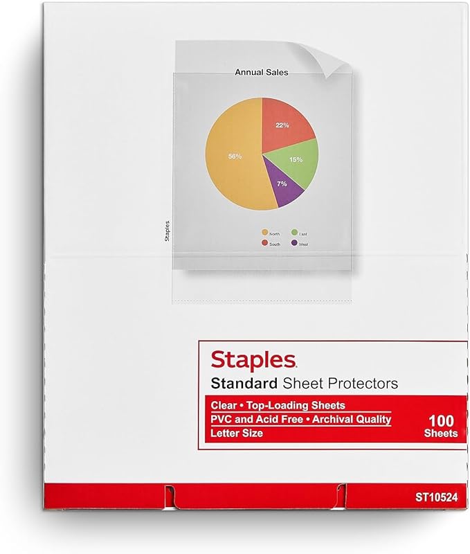 Staples Sheet Protectors, 8.5" x 11" – Top-Loading Clear Page Protectors, 3-Hole Punched, 2.4 Mil, 100-Pack