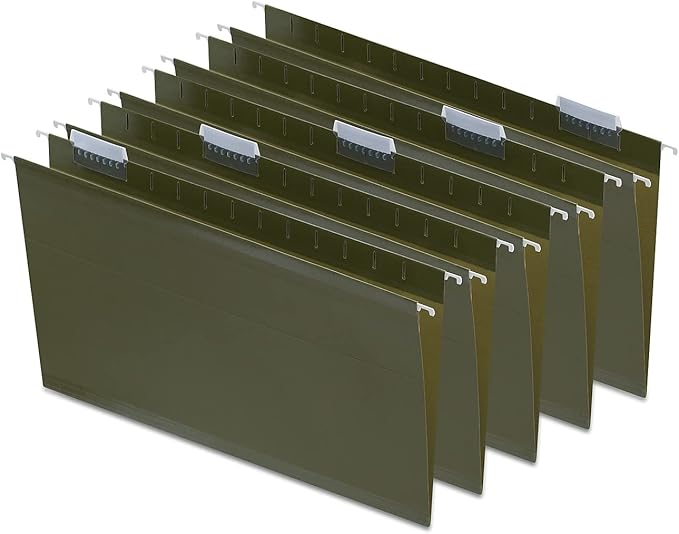 Staples Recycled Reinforced Hanging File Folders, Legal Size, 5‑Tab, Standard Green, Tear‑Resistant – 25/Box