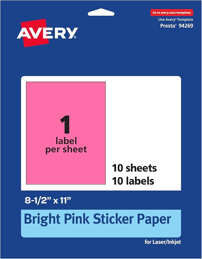 Avery Printable Sticker Paper, 8-1/2" x 11", Full-Sheet Labels, Bright Pink Labels, Laser/Inkjet Printable, 10 Total, Great for Packaging and Stickers