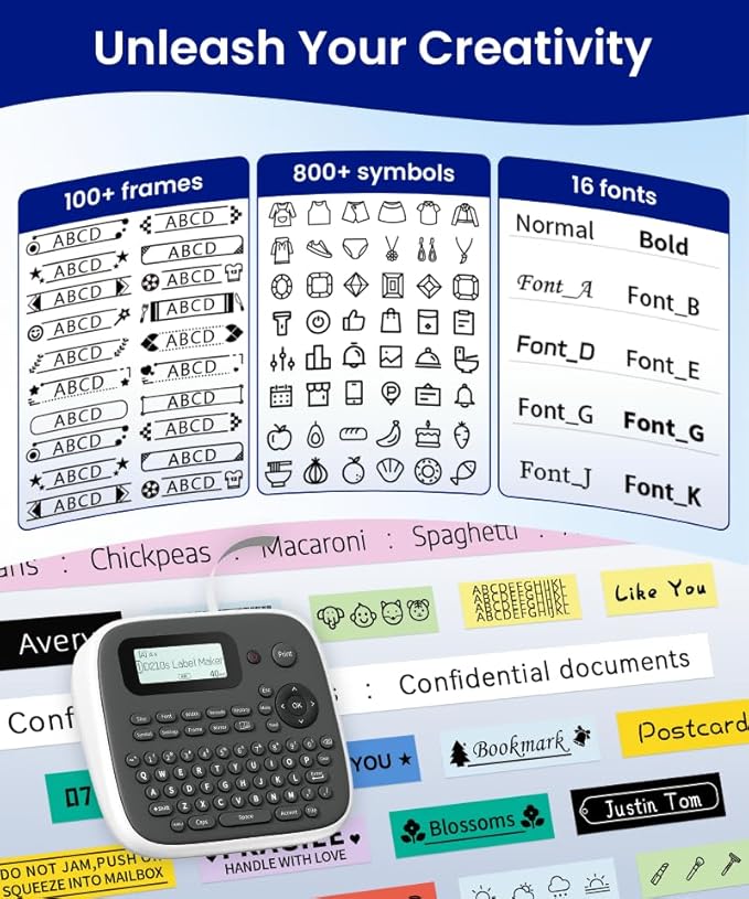 Label Maker Machine with Tape, Label Maker Waterproof Labels 12mm, D210s Laminated Labeler Machine, Multi Icons Borders & One-Touch Keys, Labelmaker for Home Use/School Office Supplies