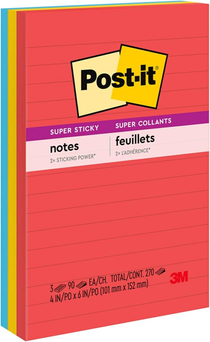 Post-it Super Sticky Notes, Assorted Sizes, 13 Pads, 2X The Sticking Power, Playful Primaries, Primary Colors (Red, Yellow, Green, Blue, Purple), Recyclable (4623-13SSAU) (Pack of 2)