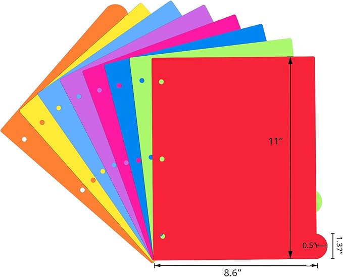 Dividers for 3 Ring Binder, 8-Tabs Dividers Bulk 96 Pcs 12 Set Plastic Binder Dividers with Tabs, 3 Hole Punched Dividers Letter Size for School Office, 8 Assorted Bright Rainbow Colors