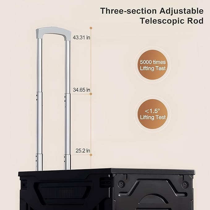 VECELO 23 GAL Modern Rolling Carts with Wheels, Foldable Utility Cart, Light Weight Platform Trucks Dolly, 4 Heavy Duty Wheels, Ideal for Shopping, Camping, Teachers, Elegant Black