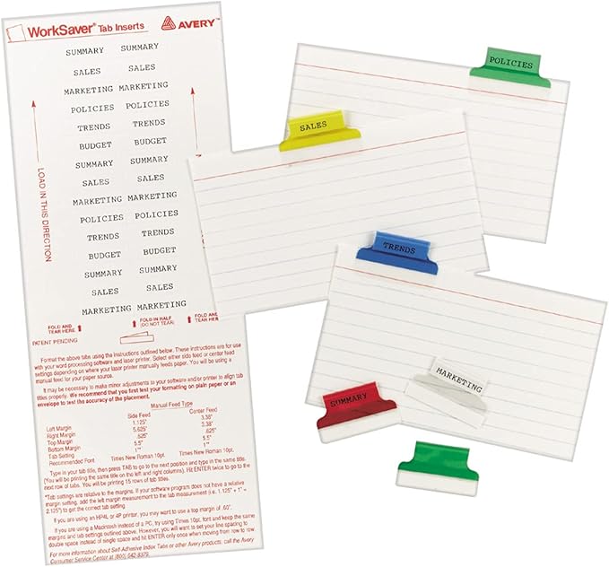 Avery Insertable Self-Adhesive Tabs with Printable Inserts, 1", Permanent Adhesive, Assorted (Blue, Clear, Green, Red and Yellow), Pack of 25 Index Tabs (16219)