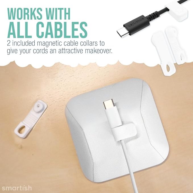 Smartish® Magnetic Cord Holder - Cable Wrangler Organizer with Magnet Clips for Charger Management on Desktop, Nightstand for USB-C + Lightning - Snow Day White