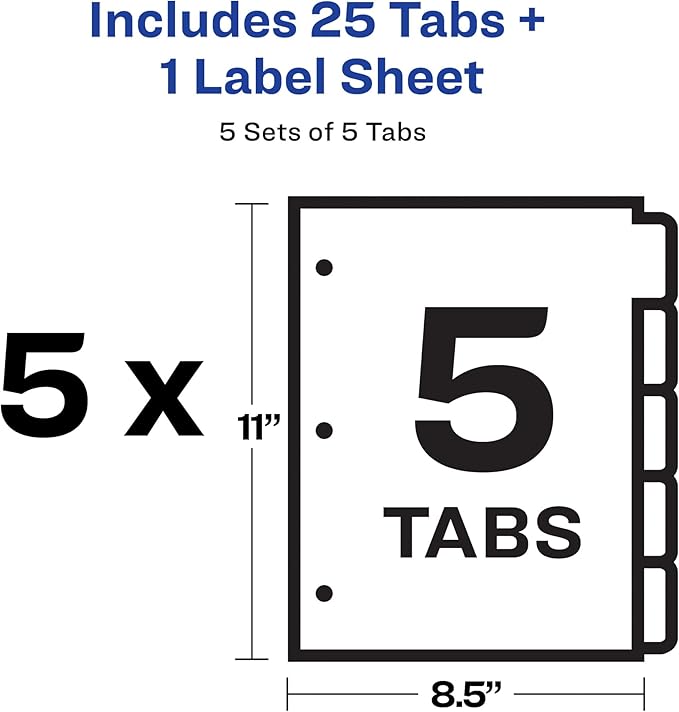 Avery 5 Tab Plastic Dividers for 3 Ring Binder, Easy Print & Apply Clear Label Strip, Index Maker Customizable Frosted White Tabs, 5 Sets (12449)