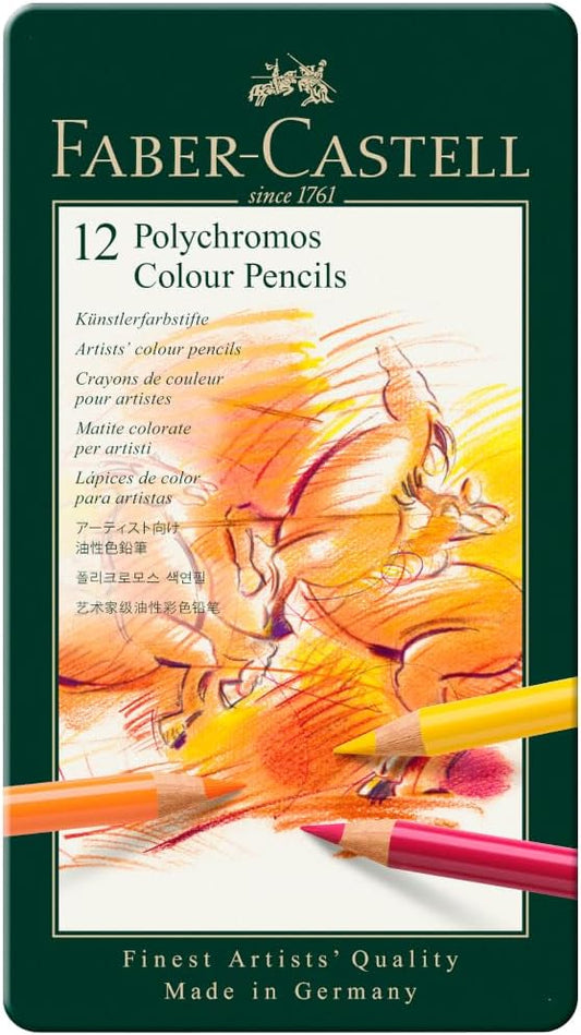 Faber-Castell Art & Graphic Polychromos Colour Pencil, Multicoloured, Tin Of 12, For Art, Craft, Drawing, Sketching, Home, School, University, Colouring