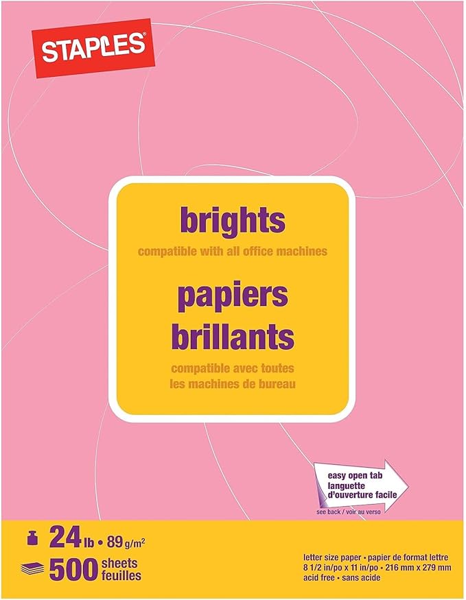 Staples Brights 24 Lb. Colored Paper Pink 500/Ream, For Everyday Use at Home or Office