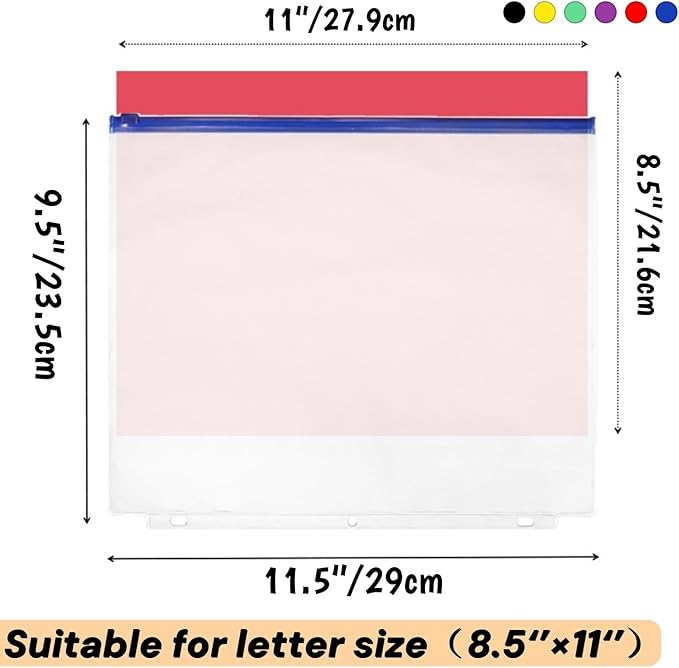 30 Pack Binder Pockets, 3 Ring Hole Binder Pouch, 11" × 9" Letter Size Binder Pockets with Zipper, PVC Loose Leaf Binder Sleeves Storage Bags for Files, Documents