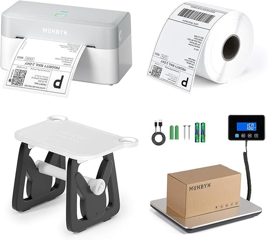 MUNBYN RW403B Bluetooth Shipping Label Printer+Thermal Direct Shipping Label (Pack of 500 4x6 Per Roll Labels)+Label Holder for Rolls and Fanfold Labels+IPS03 440lb for Postal Scale