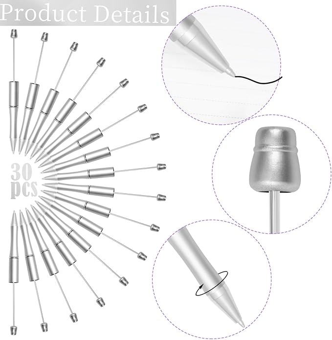 jiebor 30Pcs Silver Beadable Pens Plastic Bead Ballpoint DIY Cute Cool Pens Black Ink for Women Men Bridal Graduation Gift Office Supplies