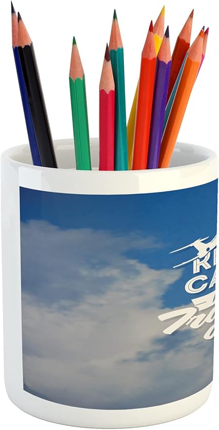 Ambesonne Saying Pencil Pen Holder, AviatiTheme Keep Calm and Trave Message with Plane and Clouds, Ceramic Pencil Pen Holder for Desk Office Accessory, 3.6" X 3.2", Cobalt Blue