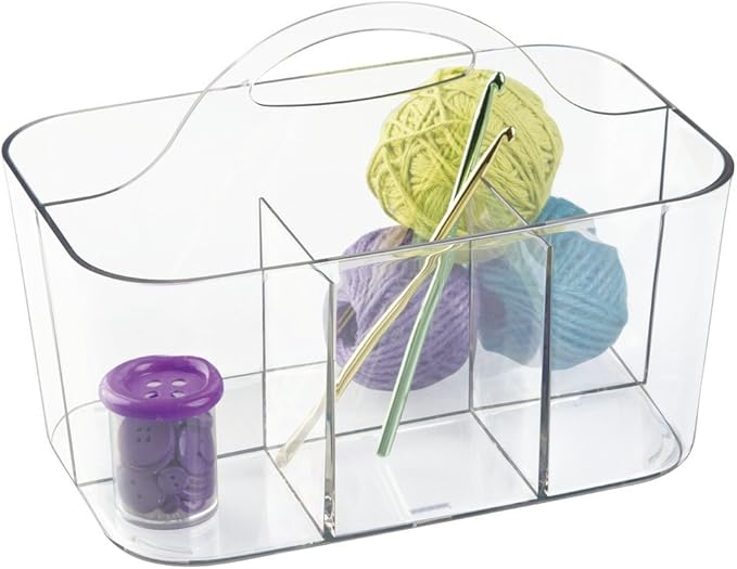 mDesign Plastic Portable Craft Storage Organizer Caddy Tote, Divided Basket Bin w/Handle - Craft, Sewing, Art Supplies - Holds Brushes, Colored Pencils - Lumiere Collection - Clear