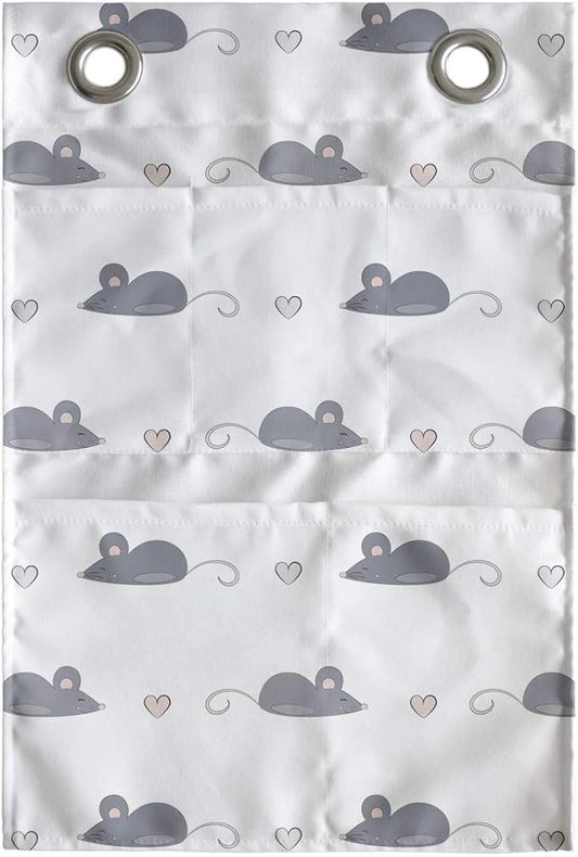 Ambesonne Mouse Hanging Pocket Organizer, Layout of Repetitive Rodents and Mini Hearts in a Hand Drawn Doodle Like Style, Printed Polyester Storage Bag with Pockets, 14" x 20", Dimgray and White