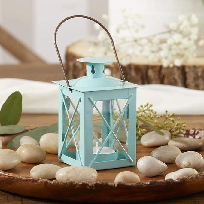 Kate Aspen Decorative Lanterns - Set of 6 - Luminous Metal Lantern Tealight Candle Holders for Wedding, Home Decor and Party - 4.5" H (6.5" H with Handle) – Blue