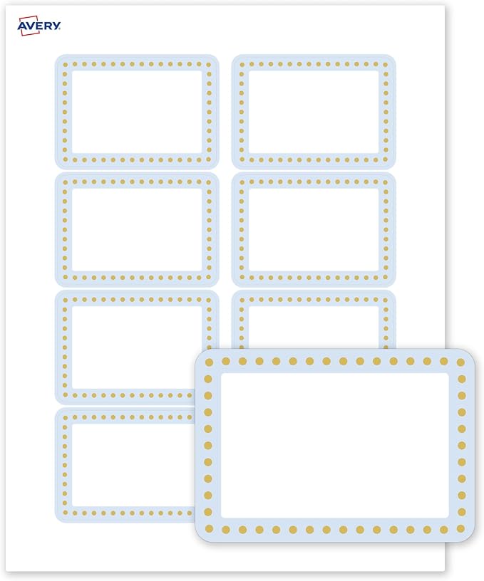 Avery Printable Rectangle Adhesive Name Tags, Blue Border, Gold Dots Design, 2-1/3" x 3-3/8", Matte White, Removable Adhesive, Laser/Inkjet, 80 Total, Great for Name Badges