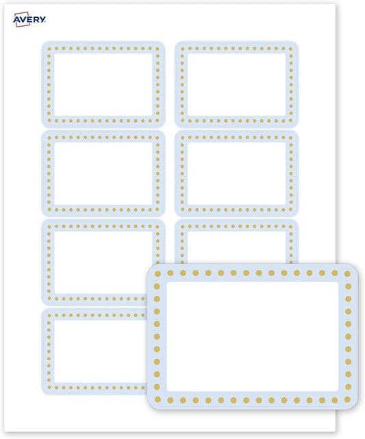 Avery Printable Rectangle Adhesive Name Tags, Blue Border, Gold Dots Design, 2-1/3" x 3-3/8", Matte White, Removable Adhesive, Laser/Inkjet, 80 Total, Great for Name Badges
