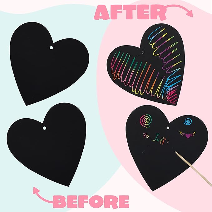 JOYIN 60 Packs Valentines Day Gifts Cards with Scratch Heart for Kids Magic Color Scratch Paper Heart Rainbow Cards for Valentine Crafts and Art Classroom Exchange, Party Favors