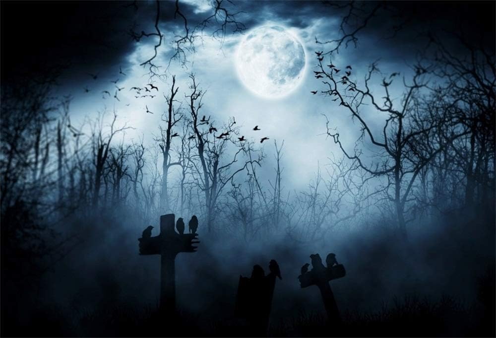 AOFOTO 10x8ft Moon Night Halloween Cemetery Photography Backdrop Flying Bats Birds Stand on Gravestone Cross Graveyard in Dark Forest Photo Background Cloth Vinyl Wallpaper Photo Studio Props