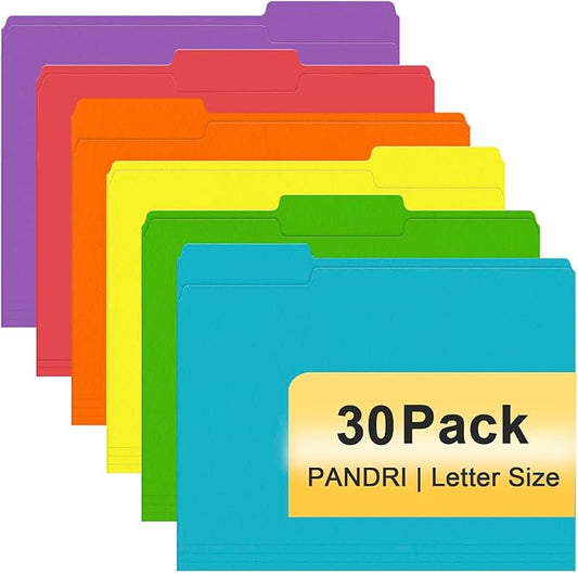 File Folder, PANDRI 30 Pack Colored File Folder, 1/3 Cut Tabs, Letter Size, Assorted 6 Colors Filing Folder for Office School Business