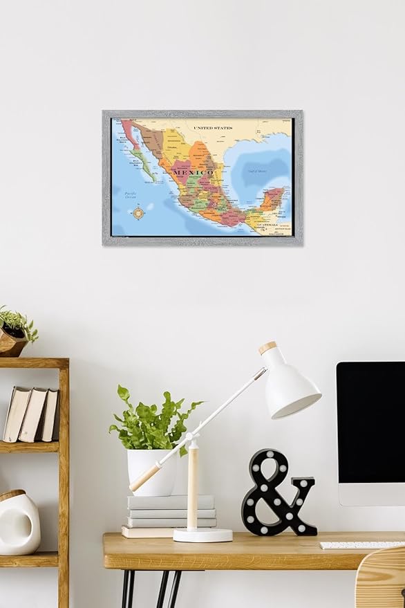 Map - Mexico Wall Poster, 22.4L" x 14.7W", Gray Framed Version