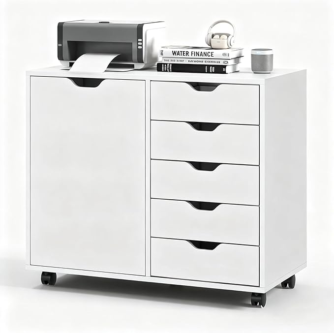5-Drawer Wood Drawer Cabinet, Office Storage Cabinet with Adjustable Shelf & Wheels, Printer Stand for Home Office, White, 15.7" D x 30.7" W x 25.4" H