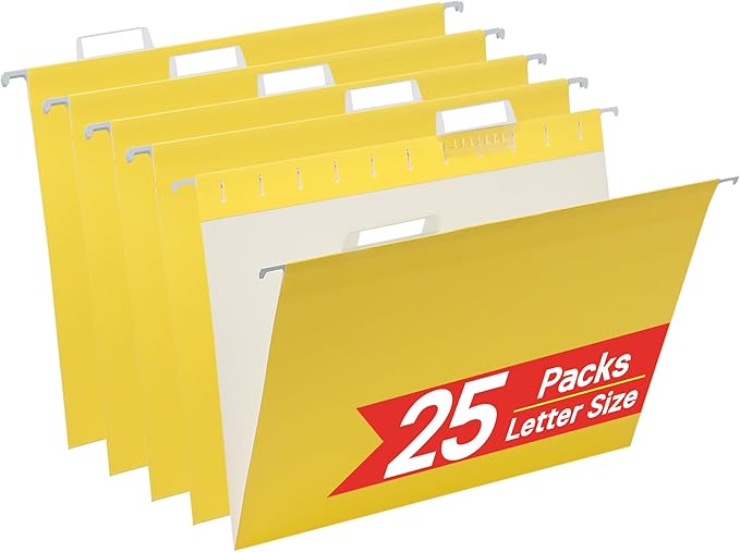 Yellow Hanging File Folders,25 Packs Letter Size File Folder,Designed for Bulky Files,Filing Cabinet,1/5 Adjustable Tabs for Office,School,Home