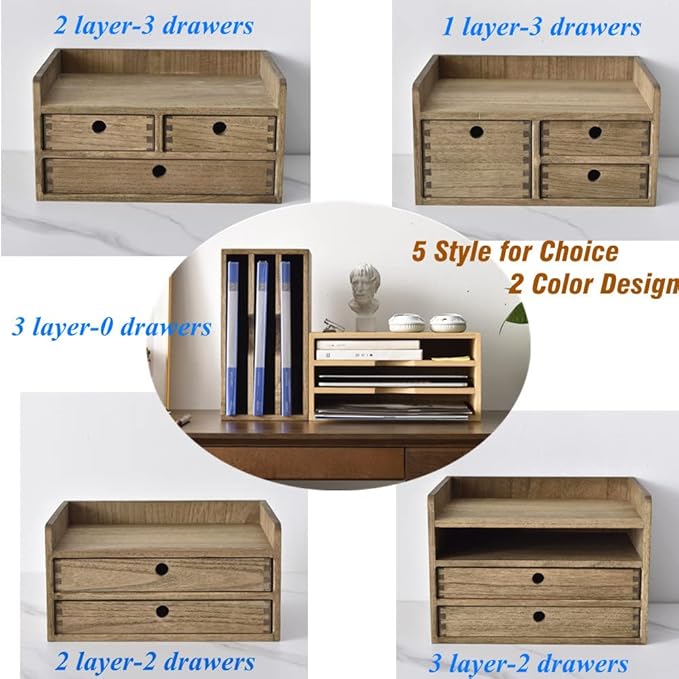 KIRIGEN Desk Organizer with 3 Drawers - Wood Drawer Storage Box with Trays for Tabletop - Workspace Office Toiletries Supplies Tool Caddy - Wooden Storage Cabinet1 Layer Dark Brown（DT1D3C-DBR）