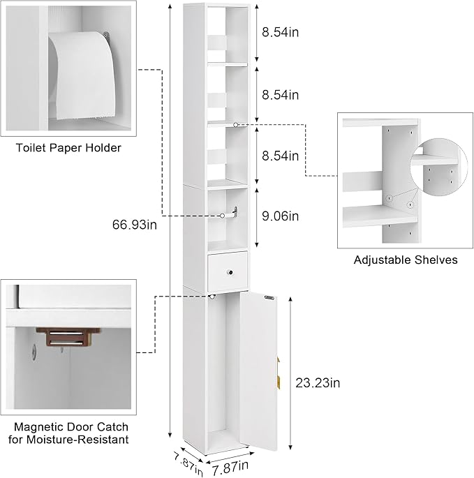 VECELO Tall Narrow Storage Cabinet with 3 Adjustable Shelves, Slim Freestanding Bathroom Cabinet with Toilet Paper Holder, Magnetic Door & Drawer, for Small Spaces, 7.9" D x 7.9" W x 67" H, White
