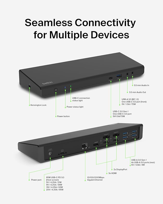 Belkin 15-in-1 Universal Triple Display DisplayLink Docking Station Hub w/ 3 HDMI Ports, 2 DisplayPorts for Triple 4K Display w/ 85W PD, 3.5mm Mic/Speaker, 1 USB-C, & 5 USB-A Ports, Black