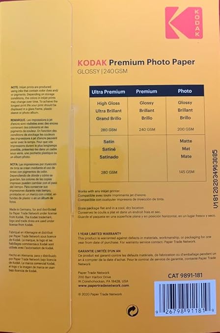 Kodak photo paper 4 x 6 glossy, 100 count 66 lb - 240 g/m (41175-9891181) THIS PRODUCT IS NOT COMPATIBLE WITH THE KODAK DOCK PRINTER"