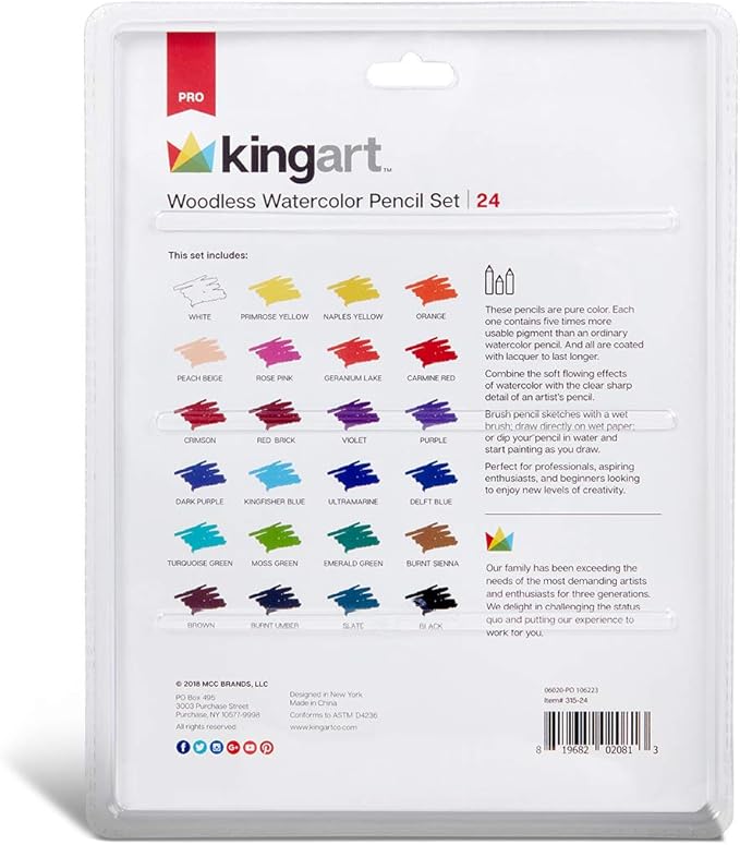 KINGART 315-24 Pro Artist Quality 24 Ct. Woodless Watercolor Pencil Set, 24 Soft Core, Pre-Sharpened Crayon Style Art Pencils, Use Wet or Dry, Professional to Beginner