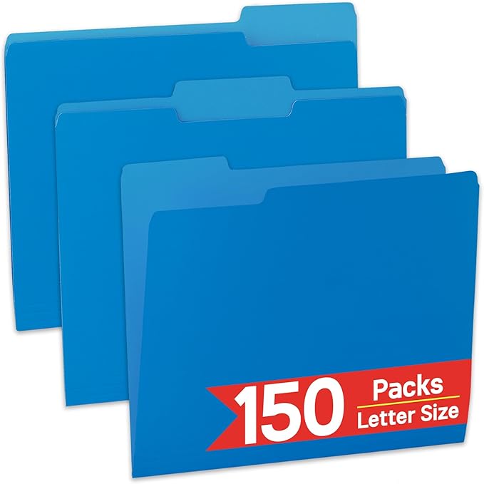 150 Packs File Folder,Blue Folders 1/3-Cut Tabs,Letter Size File Folder,8.5x11 Inch File Folders for Office,School and Home,Organizer Documents