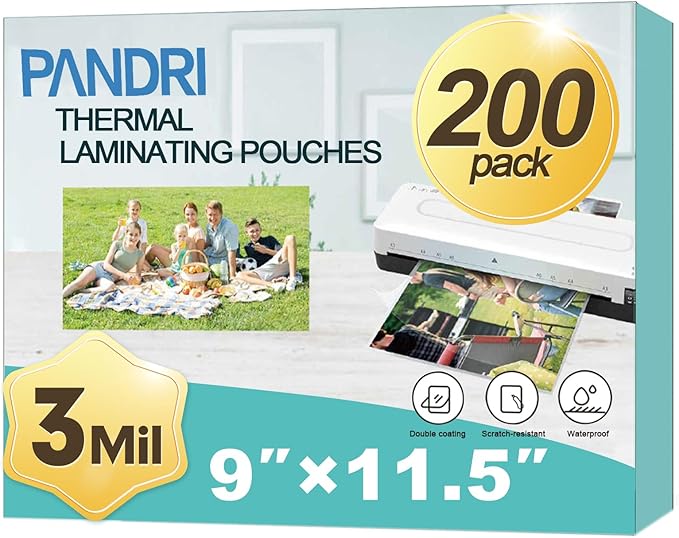 Laminating Sheets, PANDRI 200 Pack Thermal Laminator Pouches Holds 8.5 x 11 Inch, 3 Mil Clear Laminator Paper 9 x 11.5 Inch, Letter Size