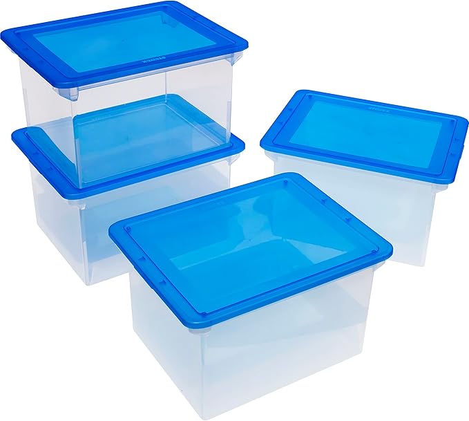 Storex Plastic File Tote Storage Box with Snap-On Lid, Letter/Legal Size, Clear/Blue (61508A01C)