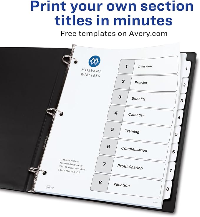 Avery Dividers for 3 Ring Binders, 8 Tabs per Set, Customizable Table of Contents, Classic White Tabs, Great for Organizing Reports, Projects, and More (3 Sets of 11076)
