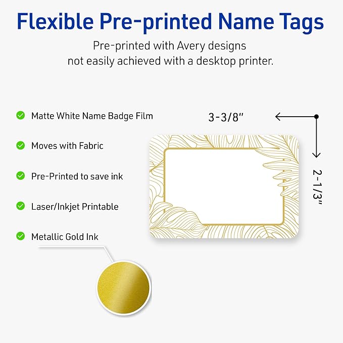 Avery Printable Rectangle Adhesive Name Badges, Pre-Printed Gold Florals, Matte White, 2-1/3" x 3-3/8", Laser & Inkjet Compatible, 80 Total, Great for Branding, Marketing, and Events