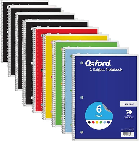 Oxford Spiral Notebooks,1 Subject,Wide Ruled Notebooks for School,8 x 10.5 Inches,70 Sheets,Assorted Colors,Back to School Supplies (65010),6 Count (Pack of 4)