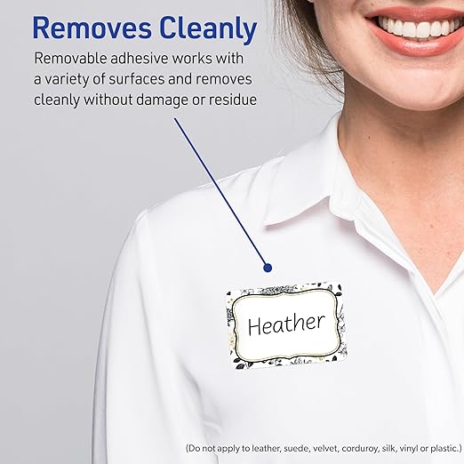 Avery Printable Adhesive Name Badges, 2-1/3" x 3-3/8", Pre-Printed Flourished Gold & Black Florals Design, Matte White, Laser & Inkjet Compatible, 80 Total