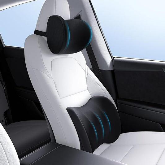 Wigoo 2026 Car Neck Pillow and Lumbar Support Pillow for Car Kit [Ergonomic Design, Pressure Relief] Soft Car Headrest Pillow Back Cushion with Adjustable Strap, Fits All Vehicles (Black)