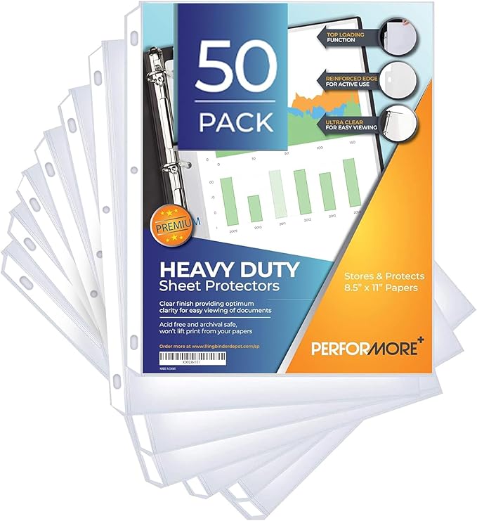 50 Sheet Protectors 8.5 x 11 for 3 Ring Binder, Heavy Duty, Clear Page Protector, Polypropylene Plastic Sleeves, Top Loading, Reinforced Holes, Archival Safe - Performore